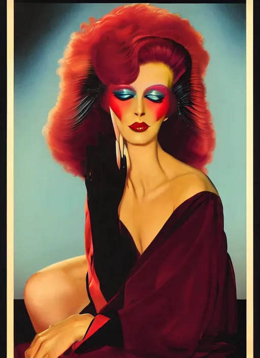 Image similar to an 8 0 s portrait of a woman with dark eye - shadow and red lips with dark slicked back hair dreaming acid - fueled hallucinations by serge lutens, rolf armstrong, delphin enjolras, peter elson