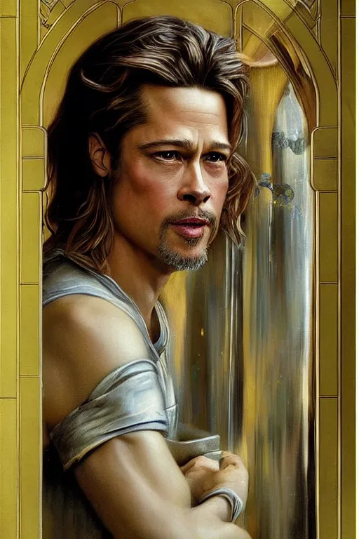 Prompt: Brad Pitt by Tom Bagshaw in the style of Gaston Bussière, art nouveau