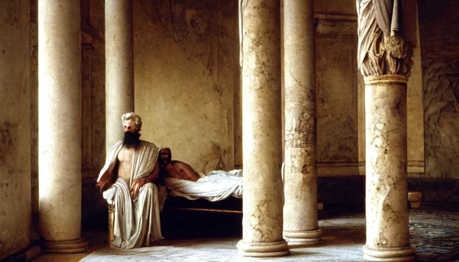 Prompt: movie still by tarkovsky portrait of emperor marcus aurelius, skinny and ill in his bed with drapery in a ancient rome room with columns next to the ocean, cinestill 8 0 0 t 3 5 mm, high quality, heavy grain, high detail, cinematic composition, dramatic light, anamorphic, hyperrealistic