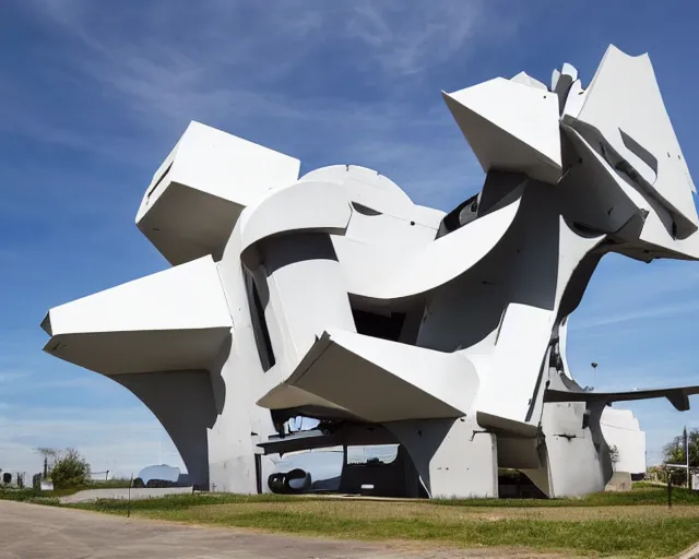 Prompt: photo of minimalist abstract cubist sculpture of curvy spaceship with random small mecha mayan decorations, covered with few large cruvy white airplane parts with windows and doors, as a mural