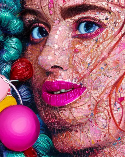 Image similar to a close up of beautiful cheerleader girl with pink lipstick wearing a multicoloured necklace surrounded by colourful intricate patterns, by caravaggio and michael whelan, intricate painting, hyper realistic, extremely detailed and beautiful aesthetic face, 8 k resolution