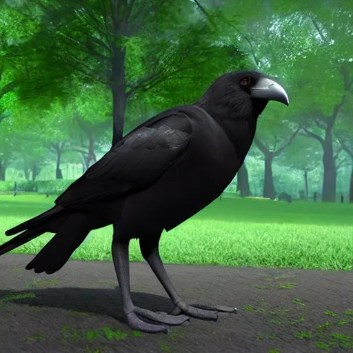 Image similar to a big friendly jungle crow in a park in a rainy day, digital painting, ultra detailed, unreal engine 5