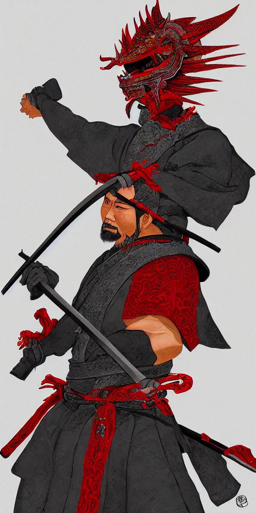 Image similar to a portrait of samurai with red dragon’s head, detailed hd digital painting