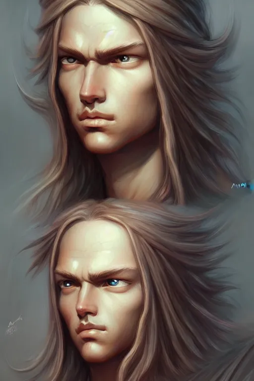 Prompt: Nearthendahl man angels, primitive facial features, fantasy, long hair, highly detailed, digital painting, artstation, concept art, smooth, sharp focus, illustration, art by artgerm and manara