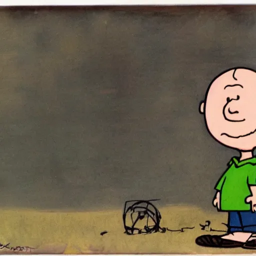 Image similar to Charlie Brown if he was a war criminal in 1945, somber, dark, Frank Weston Benson,