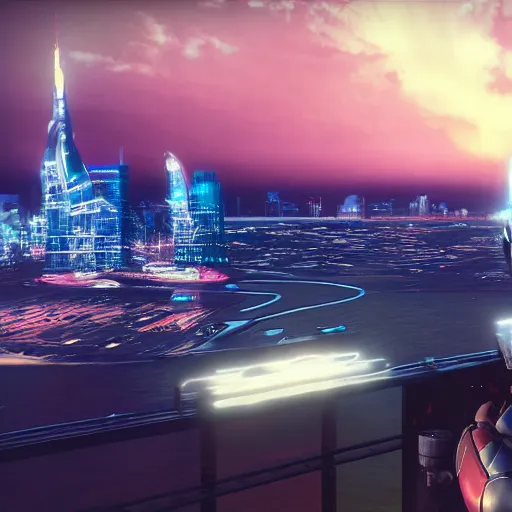 Image similar to Still of Captain Falcon watching a city skyline sunset in the movie Blade Runner, cinematic lighting, 4k