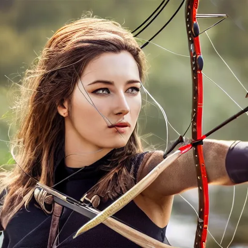 Image similar to photo realistic, consistent and highly detailed face, a attractive woman in archery, hunting - bow, uhd 8 k, highly detailed