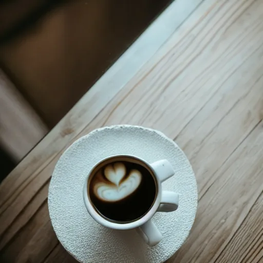 Image similar to A white cup filled with creamy coffee on a wooden table beside a window at sunrise