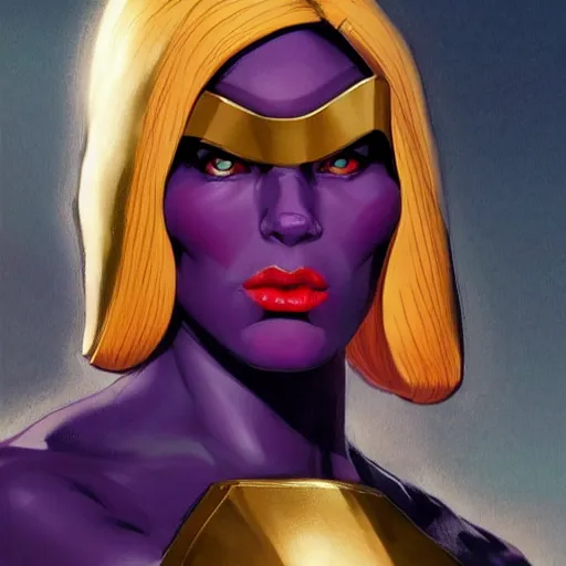 Image similar to thanos as a feminine beautiful muscular woman dressed as a battle nun, red lips, attractive, highly detailed full body portrait, pretty face, elegant, breathtaking art, concept art, by artgerm and ilya kuvshinov