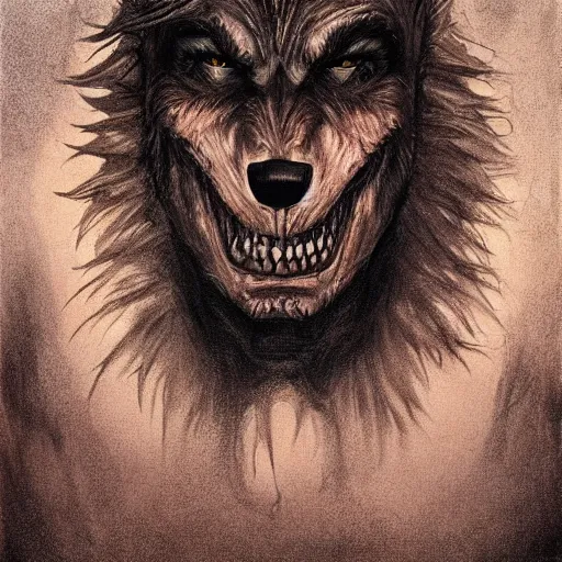 Image similar to werewolf lycanthrope monster makeup grinning grimpunk vile reprobate jason statham portrait portrait Wolfman Wolfman Fenrir with tombow jonas de ro odd nerdrum greg rutkowski frank frazetta alexandre briclot Dave Dorman splatterpaint