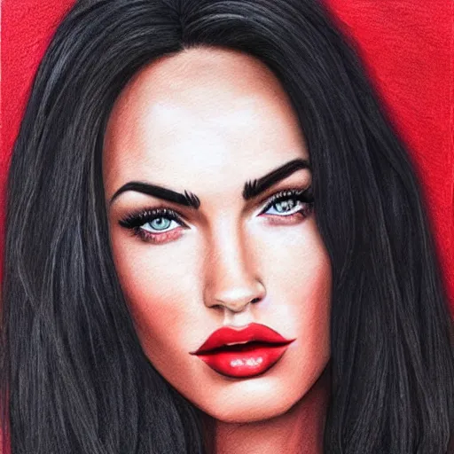 Prompt: “Beautiful Megan Fox Red pencil paintings, only red white colors, ultra detailed portrait, 4k resolution”