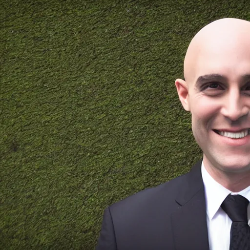 Image similar to a bald man wearing a black suit with a red tie smiling and looking at the camera ( greatly detailed, still frame shot, photo realistic, high quality photo, hyperrealistic and uhd )