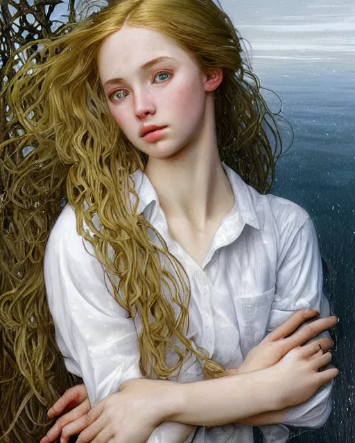 Image similar to portrait of 1 6 - year - old woman with dirty blonde hair down to her waist, pale eyebrows and protuberant silver eyes, wearing white shirt, hyper realistic face, beautiful eyes, fantasy art, in the style of greg rutkowski, intricate, alphonse mucha, hyper detailed, smooth