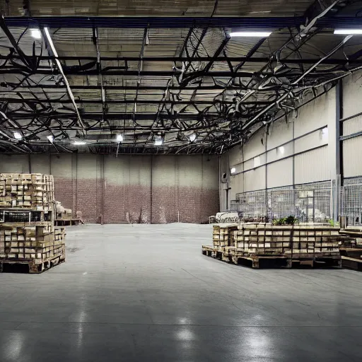 Image similar to professional photograph of industrial warehouse with bright overhead lights, and a forest growing inside of it