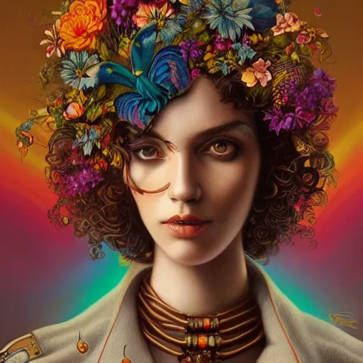 Prompt: Lofi magicpunk portrait beautiful woman with short brown curly hair, roman face, phoenix, rainbow, floral, Tristan Eaton, Stanley Artgerm, Tom Bagshaw