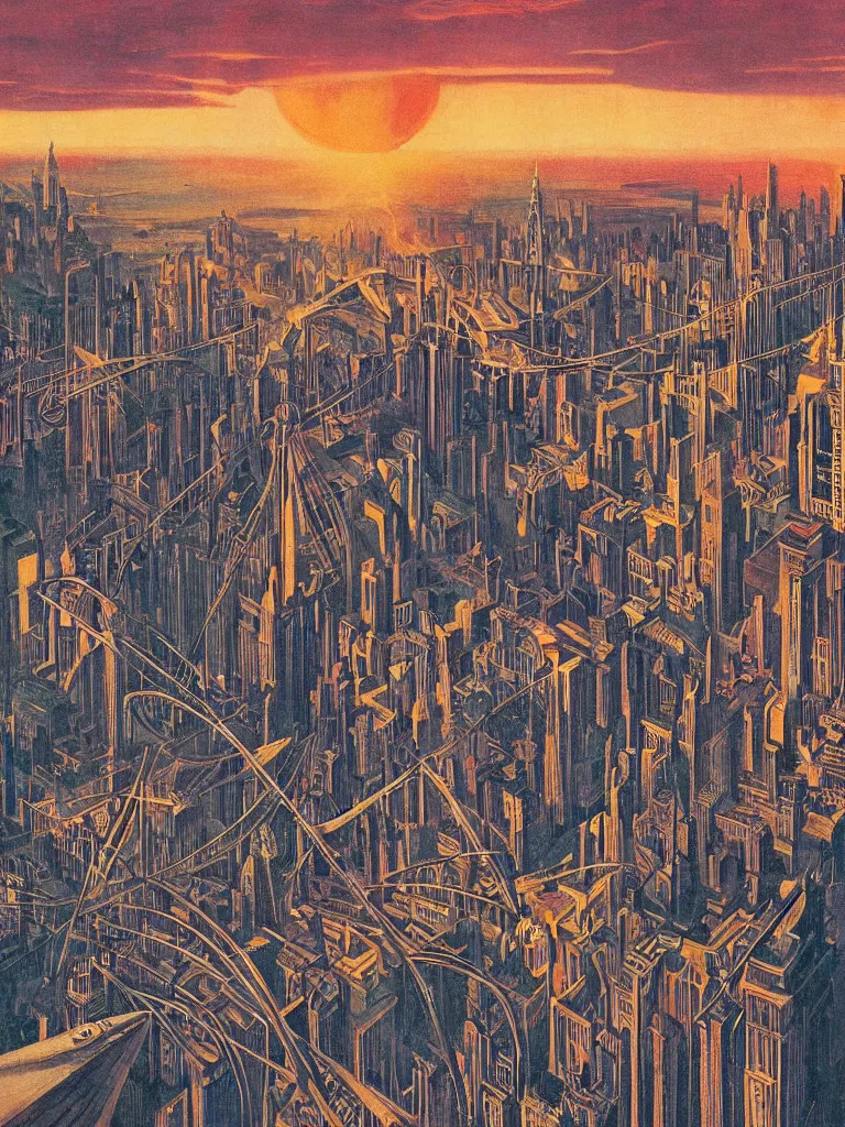 Prompt: a colossal city at sunset, huge spines, art deco, bridges, flying machines, golden hour, dramatic lighting, metropolis by fritz lang, volumetric lighting, fluid, smooth, bright, colourful, high contrast, sharpness, very detailed, intricate, by hildebrandt brothers, frazetta, giorgio de chirico and botticelli and max ernst