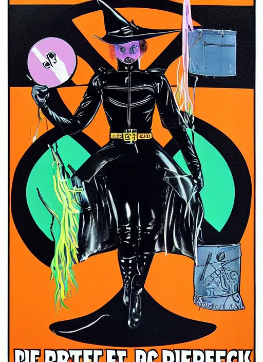 Image similar to perfectly centred realistic picture of a character dressed in leather tight suit and witch hat, dark,!! poster from 8 0 - s by waldemar swierzy,