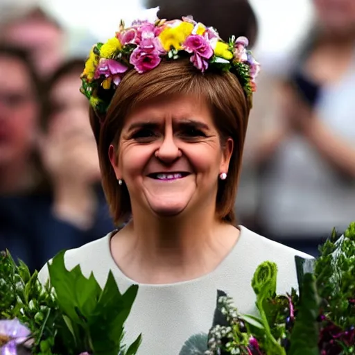 Image similar to nicola sturgeon, happy, with a flower crown