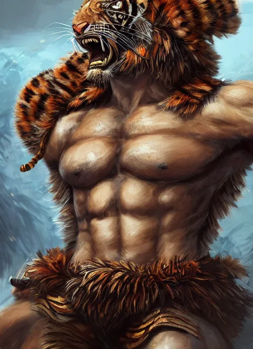 Prompt: a highly detailed illustration of a fierce tribal warrior wearing a tiger mane hat, heroically screaming into the sky pose, muscular, intricate, elegant, highly detailed, centered, digital painting, artstation, concept art, smooth, sharp focus, league of legends concept art, WLOP