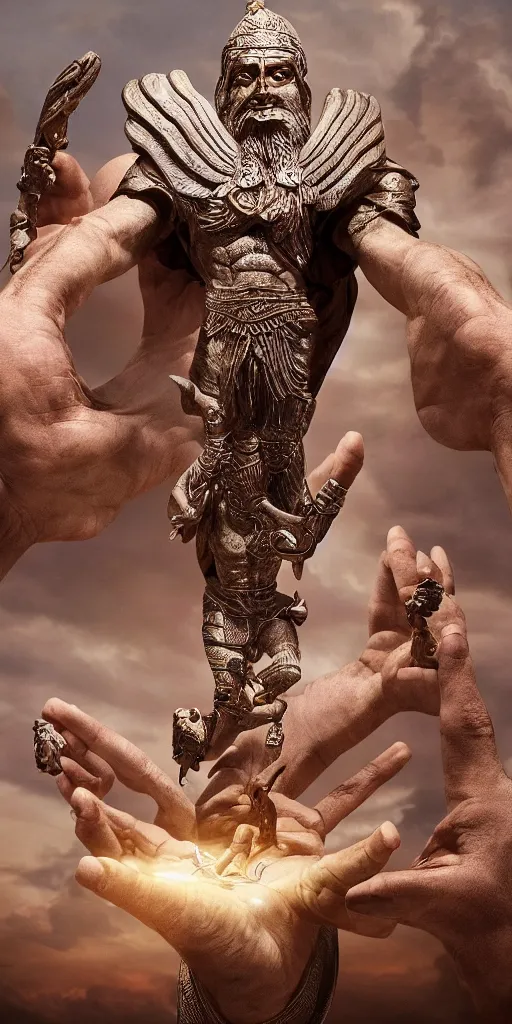 Image similar to enlil sumerian god, holding a strobilus in his left hand, wings, unreal 5, hyperrealistic, realistic, photorealistic, dynamic lighting, highly detailed, cinematic landscape, studio landscape, studio lighting