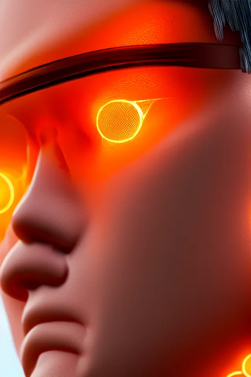 Image similar to hyperrealistic close-up translucent intricate exoskeleton!! sad chinese man covered highly detailed concept art eric zener elson peter cinematic side soft orange light high angle hd 8k sharp shallow depth of field