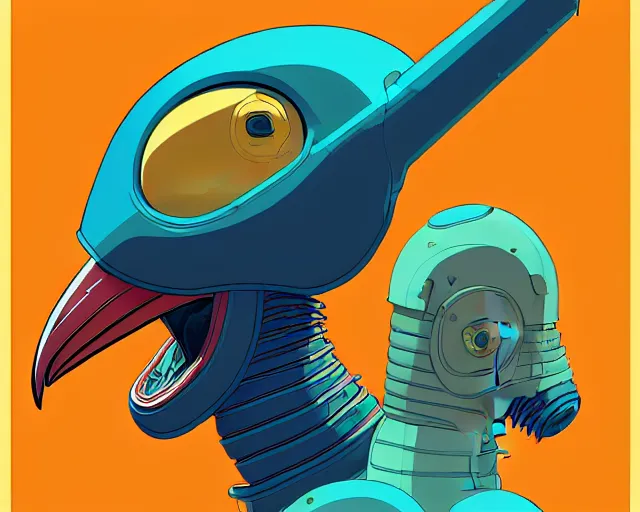 Image similar to a study of cell shaded cartoon of a mechanized toucan with a tank treads, and a human head, illustration, wide shot, subtle colors, post grunge, concept art by josan gonzales and wlop, by james jean, Victo ngai, David Rubín, Mike Mignola, Laurie Greasley, highly detailed, sharp focus, alien, Trending on Artstation, HQ, deviantart, art by artgem