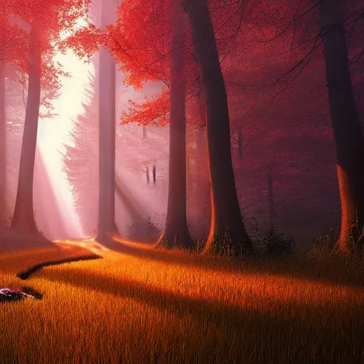 Image similar to terrifying digital painting of a hyperrealistic demonic pokemon, nightmare scenery, the trees of a flowery woodlands glistens as the morning sun touches its leaves with her gentle rays, and colors walk through the forest by alena aenami and arthur adams, octane render, detail texture, unreal engine, 8 k