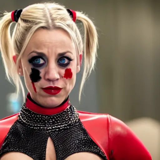 Image similar to A still of Kaley Cuoco as Harley Quinn