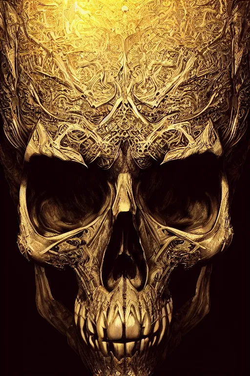 Image similar to skull, close - up portrait, powerful, intricate, elegant, volumetric lighting, digital painting, highly detailed, artstation, sharp focus, illustration, concept art, intricate ink pen, gold leaf