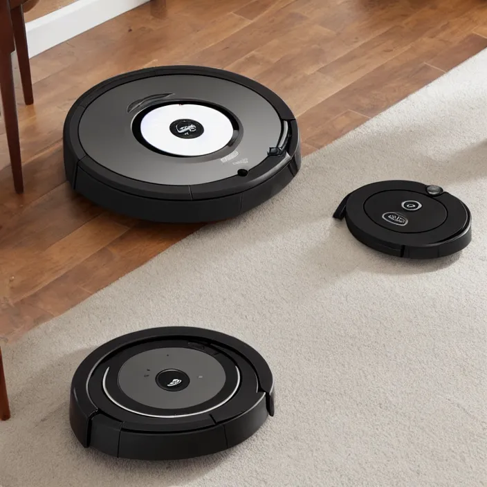 Prompt: A Roomba with a four stand legs with wheels just like a table, product advertising, professional advertising, studio quality product