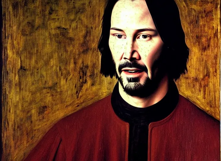 Image similar to portrait of keanu reeves, oil painting by jan van eyck, northern renaissance art, oil on canvas, wet - on - wet technique, realistic, expressive emotions, intricate textures, illusionistic detail