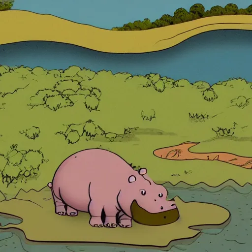 Prompt: sad hippo waking up in a beautiful river landscape, drawing by matt groening, trending on artstation