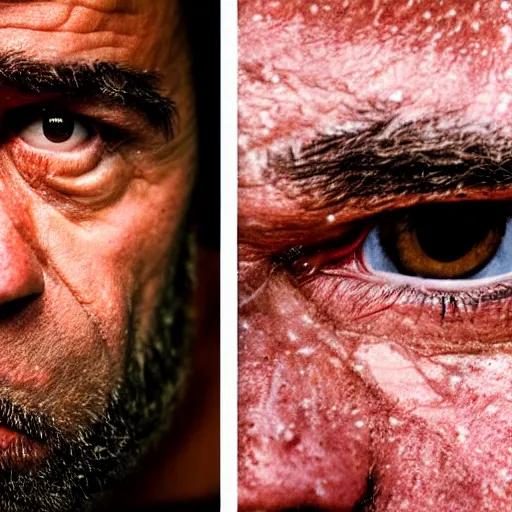 Prompt: Photo portrait Joe Rogan as a wax neanderthal cave man exaggerated brow stoic savage in frozen in ice face closeup background dramatic lighting 85mm lens by Steve McCurry