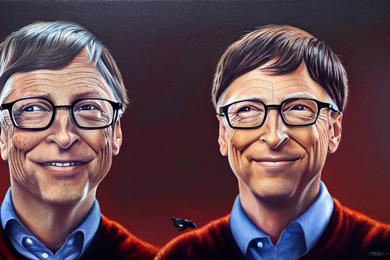 Image similar to portrait of bill gates with a knife as the zodiac killer bloodied, an oil painting by ross tran and thomas kincade