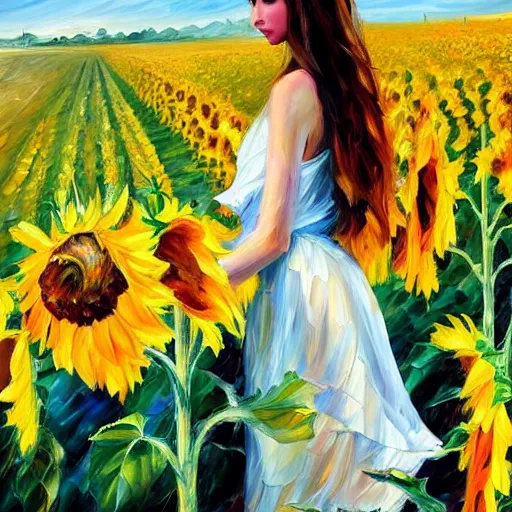 Image similar to a girl in amazing tall sunflower field, her hair flowing down, subtle, intricate details, real masterpiece, oil on canvas, by leonid afremov