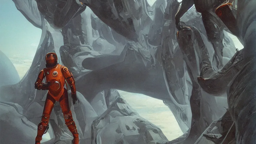 Image similar to futuristic organic spacesuit design by john schoenherr and jim burns, epic cinematic matte painting