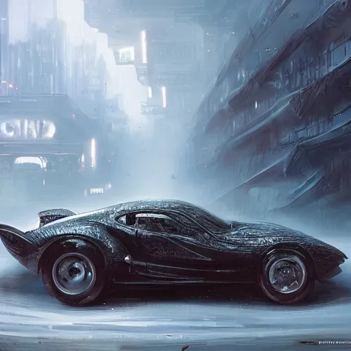 Image similar to full view of a car, intricate, elegant, highly detailed, digital painting, concept art, smooth, sharp focus, art style from Wang Ke and Greg Rutkowski and Bruce Kaiser and Scott Robertson and Dmitry Mazurkevich and Doruk Erdem and Jon Sibal, small style cue from blade runner and star wars