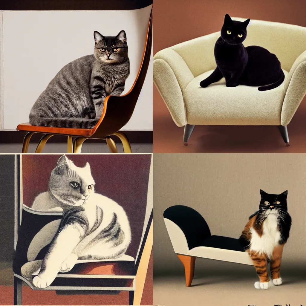 Prompt: a luxury advertisement of a cat loafing on a midcentury modern chair. Highly detailed.