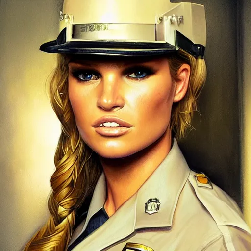 Prompt: jessica simpson as a cop, portrait face and bust in view, haunted house interior, pretty, aesthetic, matte detailed photo, DeviantArt, Artstation, by donato giancola, ralph horley, loish, cinematic lighting