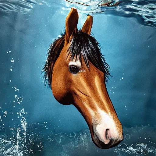 Image similar to horse swimming in the ocean with fork and knife, photorealistic, high detail