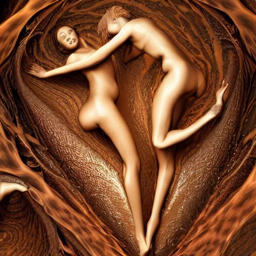 Prompt: beautiful human bodies intertwined, 3 d fractals, mandelbulb, dripping wet, skin, highly detailed, hyperrealism, cinematic