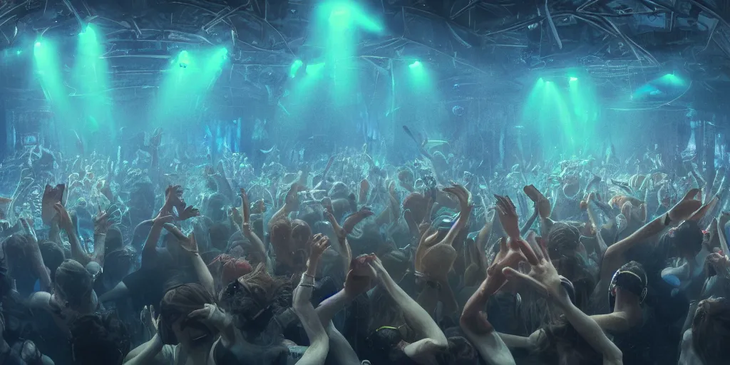 Prompt: Rave party moshpit underwater, ethereal atmosphere, realistic digital art 4K, high quality, Greg Rutkowski, Zabrocki, Karlkka, Jayison Devadas, Phuoc Quan, trending on Artstation, 8K, ultra wide angle, zenith view, pincushion lens effect