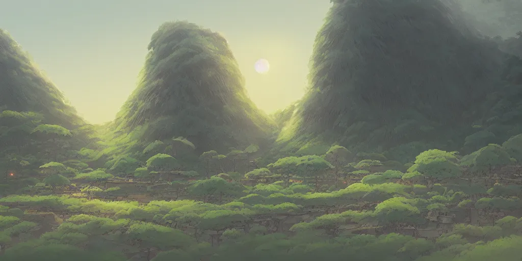 Prompt: evening, landscape, no people, Ghibli, Anime Background, Miyazaki Hayao, concept art, illustration,smooth, sharp focus, intricate, super wide angle, trending on artstation, trending on deviantart, 4K