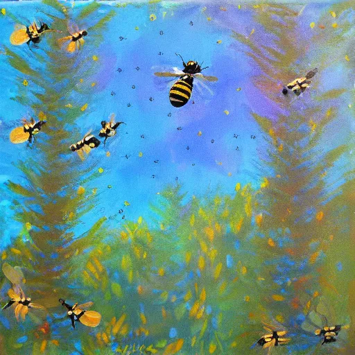 Image similar to bees flying in the woods, acrylic by yelena york