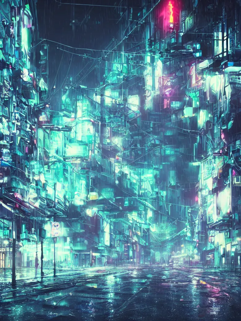 Image similar to neonpunk street, hanging cables, narrow, garbadge on the ground. rain. fog, haze, evening. led screens. very messy. futuristic. photorealistic