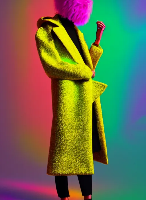 Image similar to coat for a rave, bright colors, many details, prints, photo for a magazine, photo for a store, fashion photography, Vogue, 135 mm, cinematic, hyper realism, high detail, octane render, 8k, chrome accents