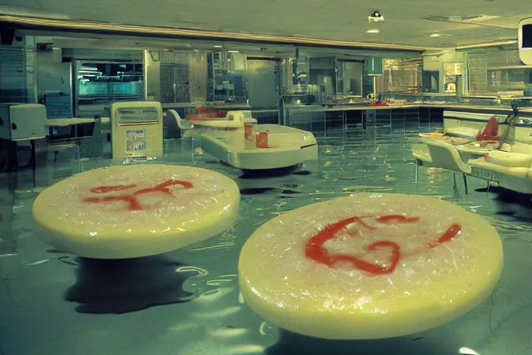 Prompt: flooded mcdonald's mc - aspic aspic meal, in 1 9 9 5, y 2 k cybercore, industrial low - light photography, still from a ridley scott movie