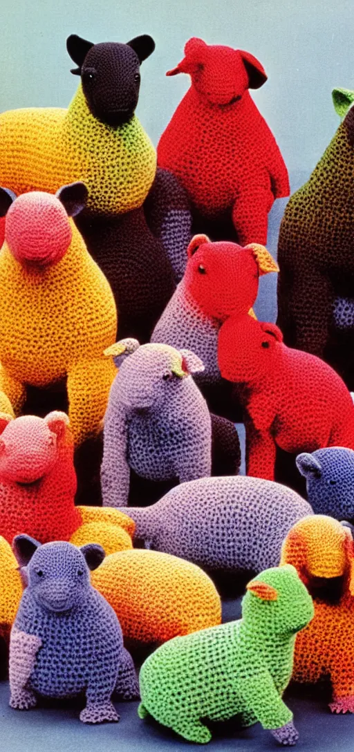 Prompt: multicolored crocheted capybaras, 1 9 8 0 s catalogue photo