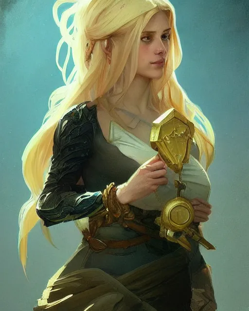 Image similar to '' Portrait of Beautiful blonde Slavic woman in her early 30’s, league of legends, LOL, fantasy, d&d, digital painting, artstation, concept art, sharp focus, illustration, art by greg rutkowski and alphonse mucha ''