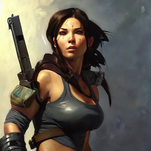 Image similar to greg manchess portrait painting of fully armored lara croft as overwatch character, medium shot, asymmetrical, profile picture, organic painting, sunny day, matte painting, bold shapes, hard edges, street art, trending on artstation, by huang guangjian and gil elvgren and sachin teng